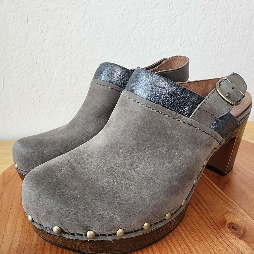 Dansko Shoes Womens Size 9.5 EU 40 Gray Leather Slingback Studded Platform Heel - Picture 6 of 13
